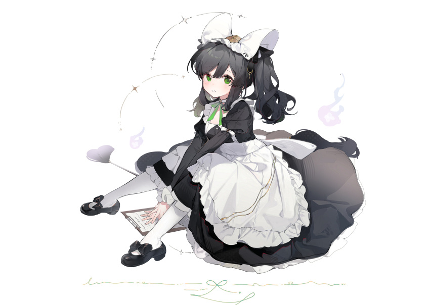 1girl apron arin_(fanfan013) black_dress black_footwear black_hair character_request dress full_body green_eyes highres juliet_sleeves long_hair long_sleeves looking_at_viewer maid original pantyhose puffy_sleeves shoes sitting solo twintails white_apron white_background white_pantyhose