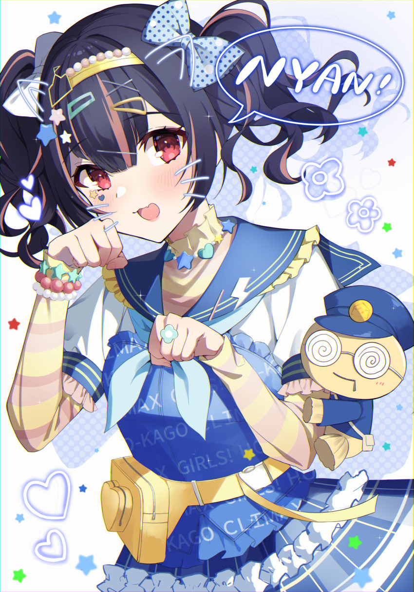 1girl absurdres bead_bracelet beads black_hair blue_bow blue_neckerchief blue_sailor_collar blush bow bracelet clenched_hands commentary_request facial_mark fang fanny_pack gawawawa hair_bow hair_ornament hairband hairclip hands_up heart highres idolmaster idolmaster_shiny_colors jewelry long_sleeves looking_at_viewer morino_rinze multicolored_hair neckerchief necklace open_mouth paw_pose pink_hair plaid plaid_skirt pleated_skirt polka_dot polka_dot_bow red_eyes sailor_collar shirt skin_fang skirt solo star_sticker streaked_hair triangle_hair_ornament two_side_up upper_body whisker_markings white_bow white_shirt x_hair_ornament yellow_bag yellow_hairband