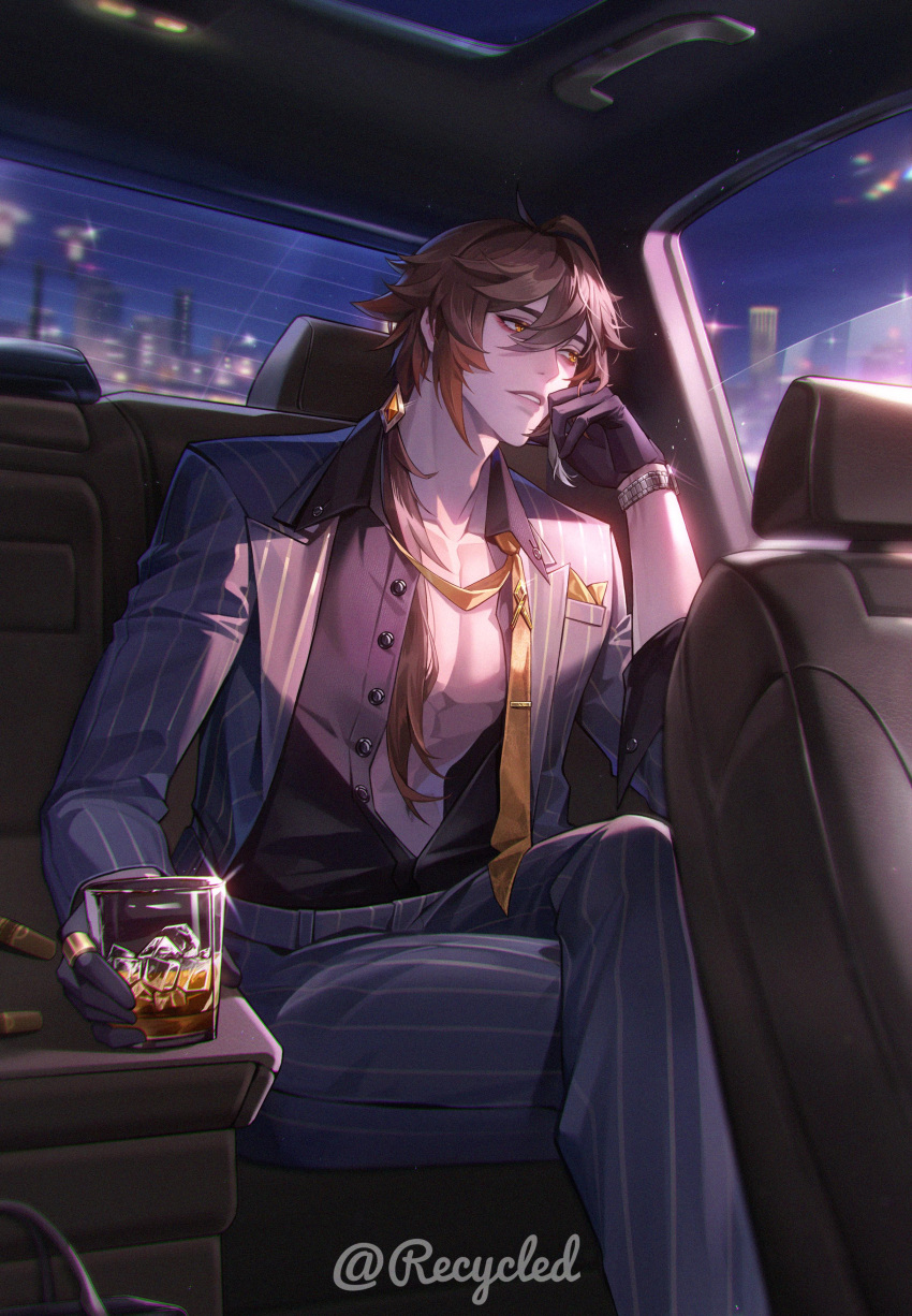 1boy absurdres alcohol antenna_hair black_gloves black_shirt blurry blurry_background breast_pocket brown_eyes brown_hair car_interior cigar city collarbone collared_shirt commentary crossed_legs cup dress_shirt drink earrings english_commentary eyelashes gem genshin_impact glint gloves grey_jacket grey_pants hair_between_eyes hair_ornament hair_over_shoulder highres holding holding_cup ice ice_cube jacket jewelry lapels light_particles long_hair long_sleeves low_ponytail male_focus necktie night open_clothes open_jacket open_shirt orange_gemstone orange_necktie pants parted_lips pectoral_cleavage pectorals pinstripe_pattern pocket pocket_square ponytail recycled ring shirt shirt_tucked_in sidelocks sideways_glance single_earring sitting solo striped striped_jacket striped_pants tie_clip tumbler_glass undone_necktie vertical-striped_jacket vertical-striped_pants vertical_stripes watch watch window wing_collar zhongli_(genshin_impact)