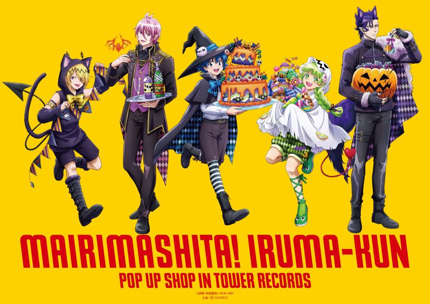 1girl 4boys absurdres alcohol animal_ears asmodeus_alice bishounen black_headwear black_horns black_tail blonde_hair blue_eyes blue_hair blush cat_ears cat_tail champagne champagne_flute cup demon_boy demon_girl demon_horns demon_tail drinking_glass earrings full_body ghost_costume green_hair hair_horns halloween_bucket halloween_costume hat highres holding holding_plate horns jack-o'-lantern jewelry long_hair looking_at_viewer mairimashita!_iruma-kun multiple_boys naberius_kalego official_art open_mouth orange_background party_popper pink_eyes pink_hair plate pointy_ears purple_nails red_nails shax_lead short_hair smile standing suzuki_iruma tail tower_records valac_clara vampire_costume visible_ears werewolf witch_hat wolf_boy wolf_ears wolf_tail