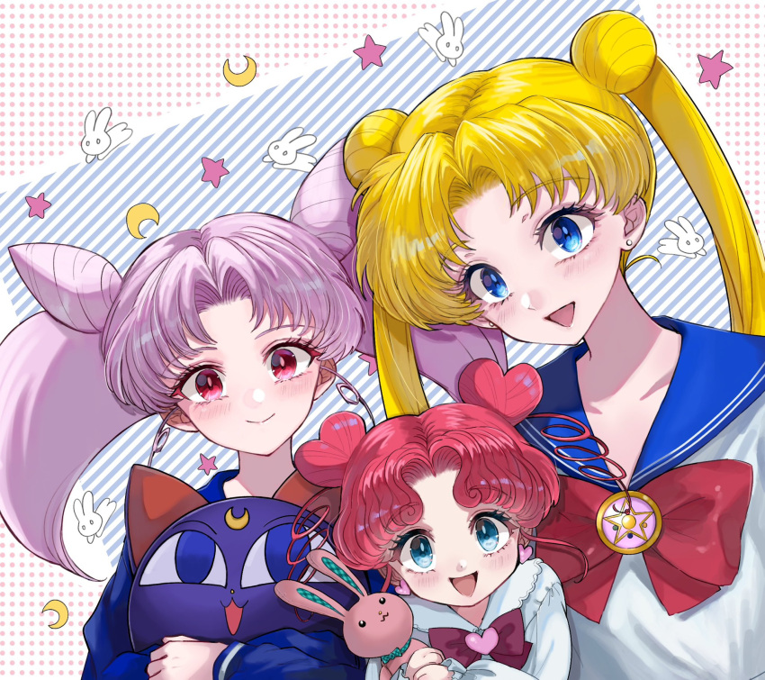 3girls bishoujo_senshi_sailor_moon blonde_hair blue_eyes bow chibi_chibi chibi_usa doll ginshima_jill highres long_sleeves luna-p multiple_girls pink_eyes pink_hair rabbit red_bow school_uniform smile tsukino_usagi twintails