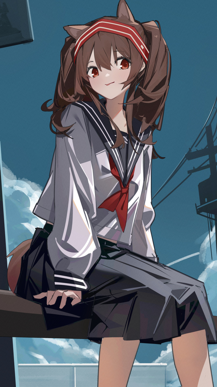 1girl absurdres angelina_(arknights) animal_ears arknights black_sailor_collar black_skirt blue_sky blush brown_hair chichi_guai day extra_ears feet_out_of_frame fox_ears fox_girl fox_tail hair_between_eyes hairband highres long_hair looking_at_viewer neckerchief outdoors power_lines red_eyes red_hairband red_neckerchief sailor_collar school_uniform serafuku shirt skirt sky solo tail twintails utility_pole white_shirt