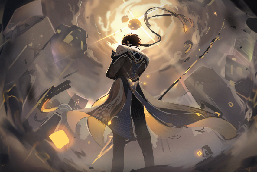 1boy absurdres black_hair black_pants coat dust_cloud floating floating_object from_behind from_below genshin_impact ggymj gloves glowing glowing_eyes highres korean_commentary long_sleeves looking_at_viewer male_focus pants ponytail short_hair_with_long_locks solo wide_shot yellow_eyes zhongli_(genshin_impact)