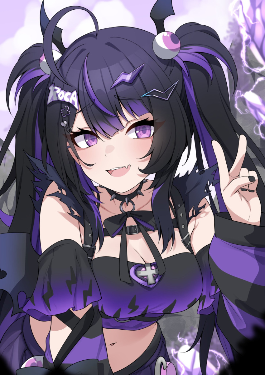 belly black_hair chest_belt collar cross hair_ornament highres idol_corp multicolored_hair navel purple_hair roca_rourin_(vtuber) spiked_collar spikes valefal_coneri violet_eyes virtual_youtuber