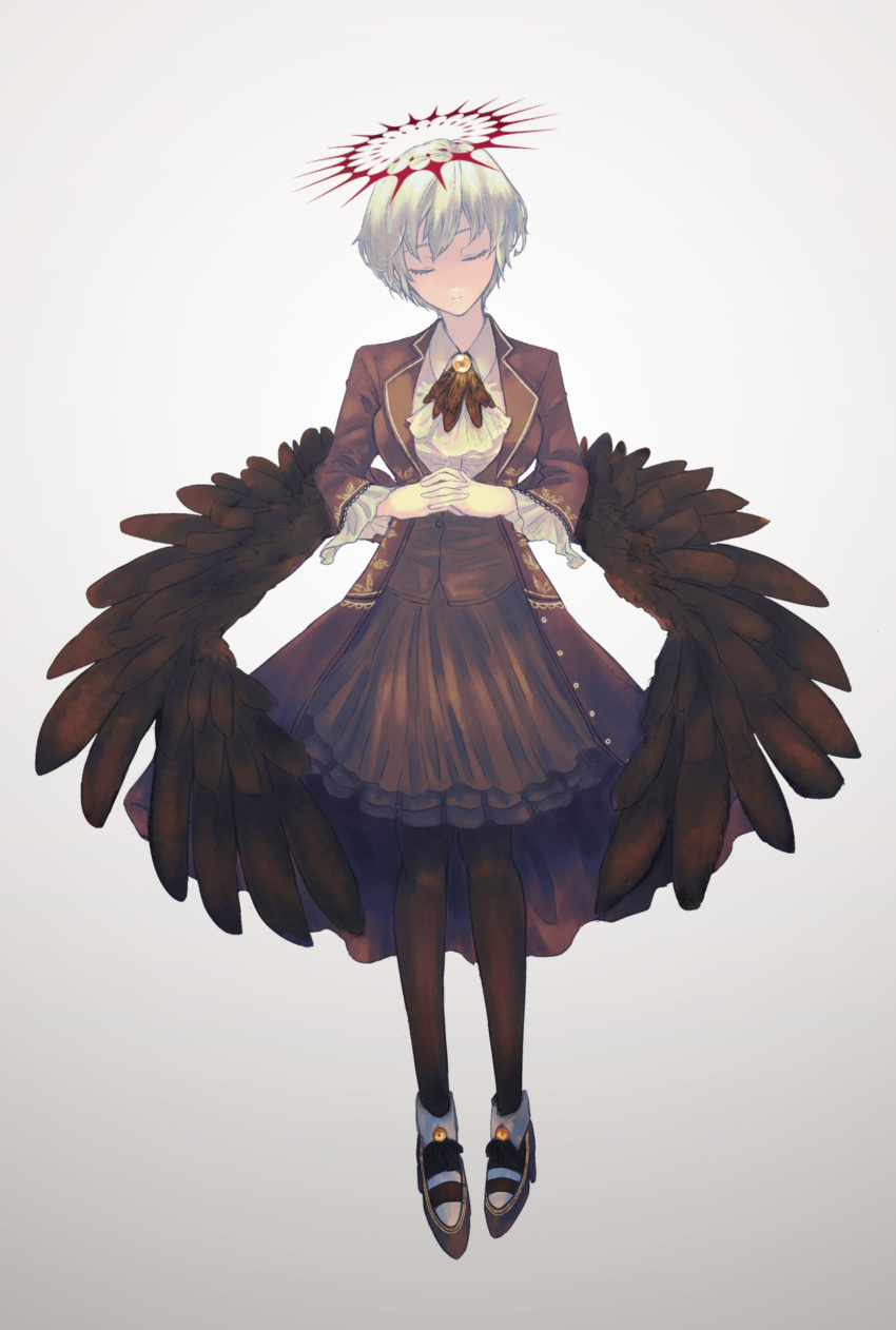 1girl absurdres angel_wings angela_(project_moon) ascot black_pantyhose black_vest black_wings blue_coat blue_hair closed_eyes closed_mouth coat collared_shirt feathered_wings frilled_sleeves frills halo highres kazu1010 library_of_ruina pantyhose project_moon red_halo shirt shoes short_hair simple_background solo vest white_ascot white_background white_shirt wings