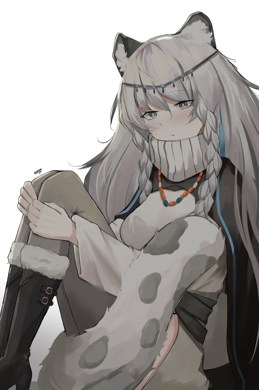1girl absurdres animal_ear_fluff animal_ears arknights black_footwear blush boots braid breasts closed_mouth commentary_request dress eroborne fur-trimmed_boots fur_trim gradient_background grey_background grey_eyes grey_hair grey_thighhighs hair_between_eyes highres hugging_own_legs knees_up leopard_ears leopard_girl leopard_tail long_hair long_sleeves looking_at_viewer medium_breasts pramanix_(arknights) signature solo tail thigh-highs thighhighs_under_boots turtleneck_dress very_long_hair white_background white_dress wide_sleeves