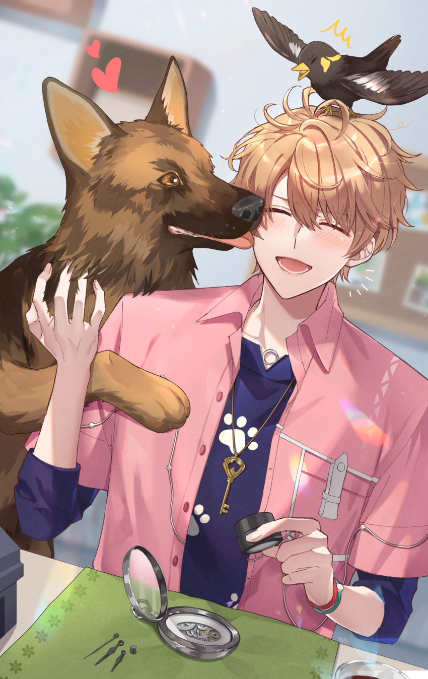 1boy bird blue_shirt blurry blurry_background brown_hair coffee collared_shirt cup dog facing_viewer heart highres hizaki_sui holding jewelry key luke_pearce_(tears_of_themis) male_focus necklace open_mouth paw_print pink_shirt shirt shirt_under_shirt short_hair smile tears_of_themis