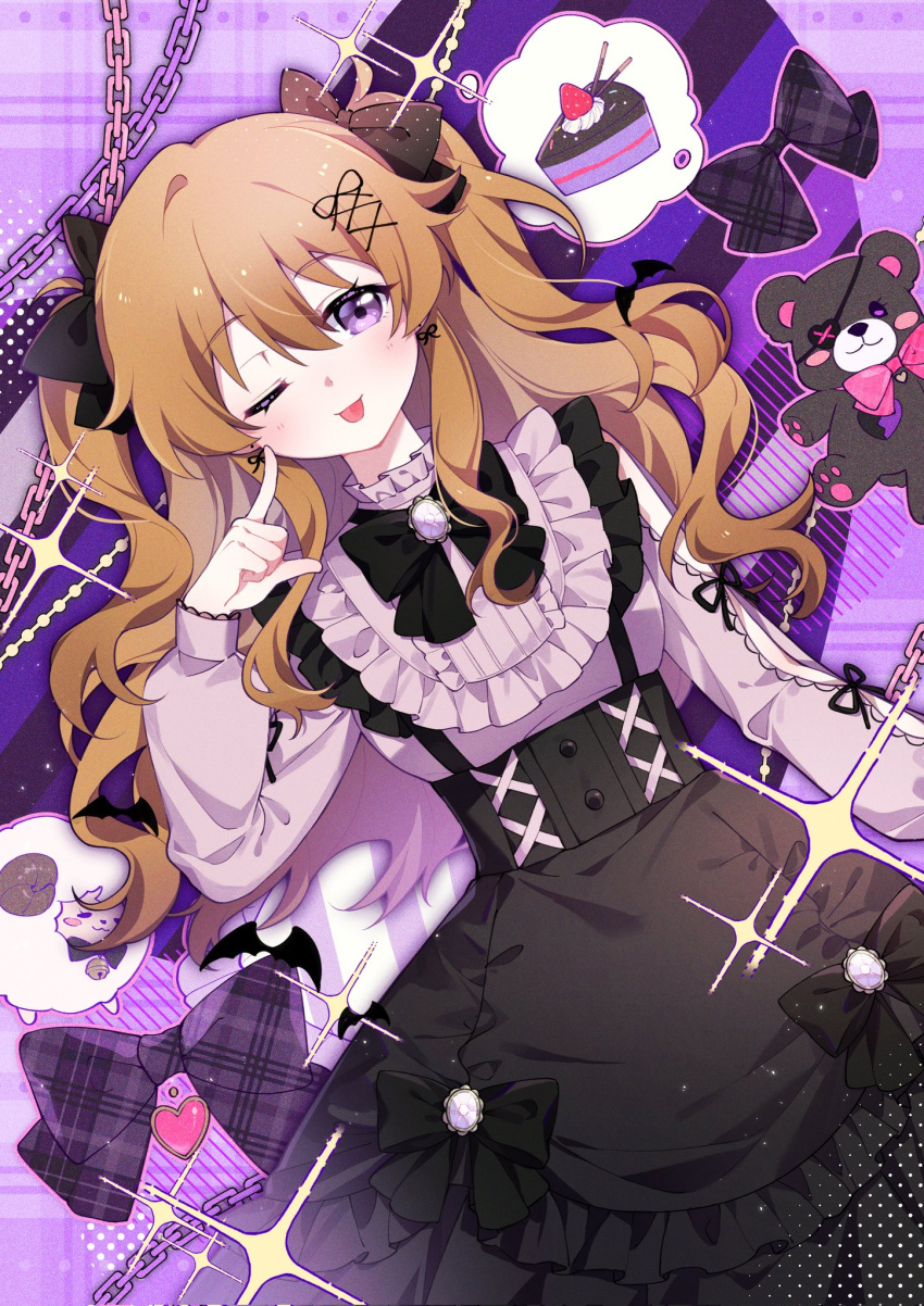 1girl alternate_costume black_bow black_bowtie black_skirt blouse blush bow bowtie chinese_commentary commentary_request eyepatch finger_to_cheek frilled_shirt_collar frilled_skirt frills hair_bow highres jirai_kei konoe_kanata long_hair long_sleeves looking_at_viewer love_live! love_live!_nijigasaki_high_school_idol_club mixed-language_commentary one_eye_closed orange_hair pink_shirt shirt skirt smile solo sparkle starringooo stuffed_animal stuffed_toy suspender_skirt suspenders teddy_bear tongue tongue_out two_side_up violet_eyes wavy_hair