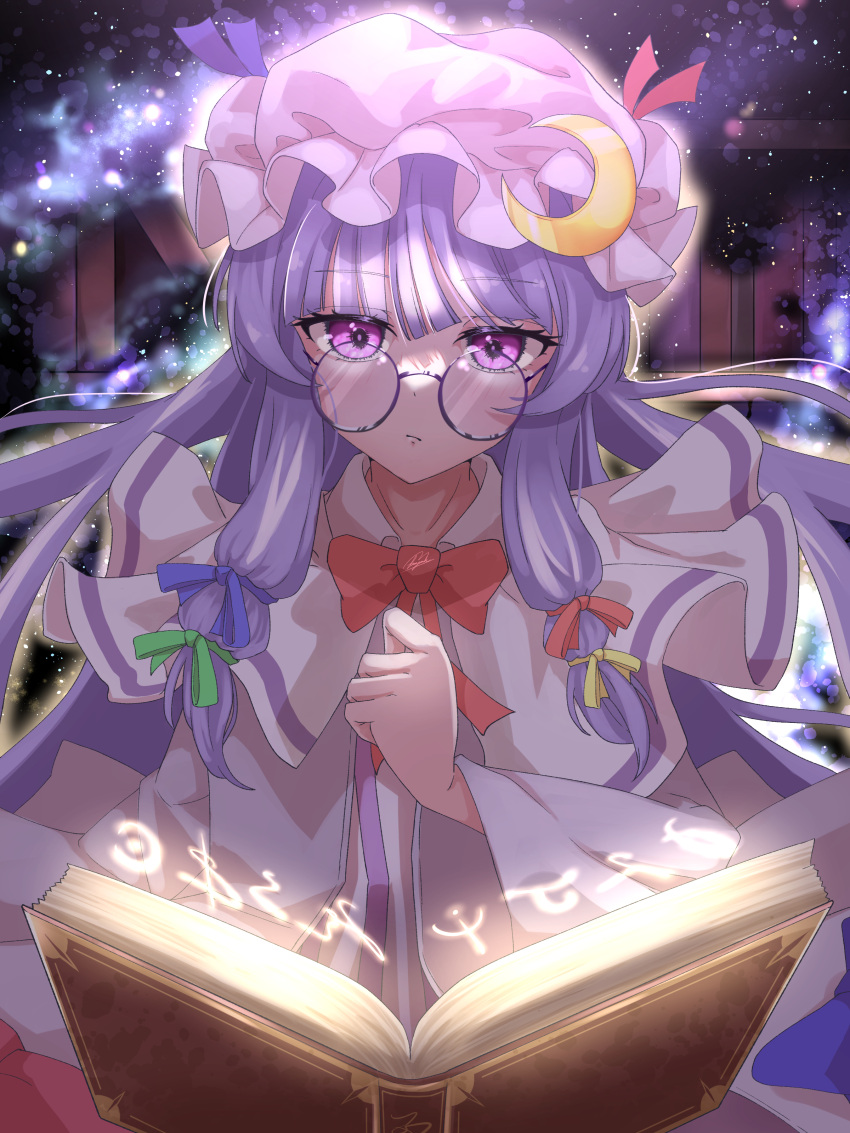 1girl absurdres benjamin_1kt bespectacled blue_ribbon book crescent crescent_hat_ornament dress glasses green_ribbon hair_ribbon hat hat_ornament highres long_hair long_sleeves mob_cap open_book patchouli_knowledge purple_dress purple_hair purple_headwear red_ribbon ribbon round_eyewear solo touhou violet_eyes wide_sleeves yellow_ribbon
