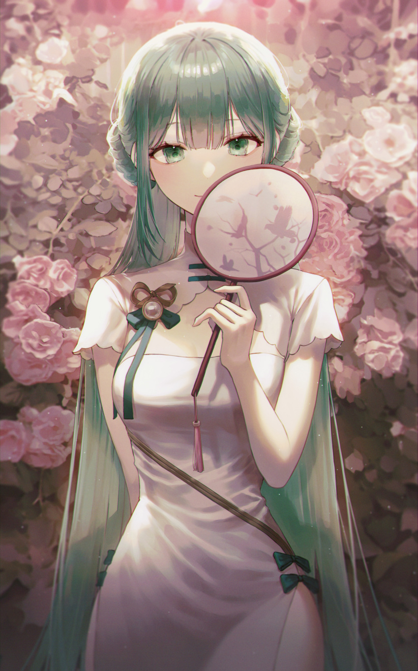1girl absurdres arm_behind_back bagya china_dress chinese_clothes dress floral_background flower green_eyes green_hair green_ribbon hand_fan hatsune_miku highres holding holding_fan long_hair non-web_source pink_flower ribbon shaohua_hatsune_miku smile vocaloid