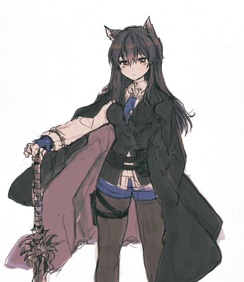1girl 5rwpvc animal_ears arknights black_coat black_hair black_pantyhose black_vest blue_gloves blue_necktie blue_shorts breasts closed_mouth coat collared_shirt fingerless_gloves gloves highres long_hair medium_breasts necktie pantyhose shirt shorts sidelocks simple_background solo sword texas_(arknights) texas_the_omertosa_(arknights) thigh_strap very_long_hair vest weapon white_background white_shirt wolf_ears yellow_eyes