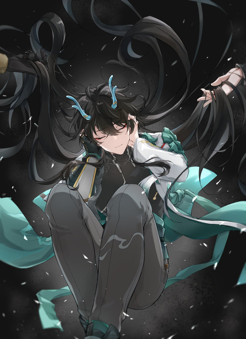 3boys black_gloves black_hair black_shirt blade_(honkai:_star_rail) chinese_clothes chinese_commentary closed_eyes closed_mouth dan_heng_(honkai:_star_rail) dan_heng_(imbibitor_lunae)_(honkai:_star_rail) dragon_boy dragon_horns fetal_position gloves green_horns grey_pants hand_in_another's_hair highres honkai:_star_rail honkai_(series) horns jing_yuan long_hair long_sleeves looklaba114514 male_focus multiple_boys pants red_eyeliner shirt solo_focus very_long_hair white_sleeves zipper