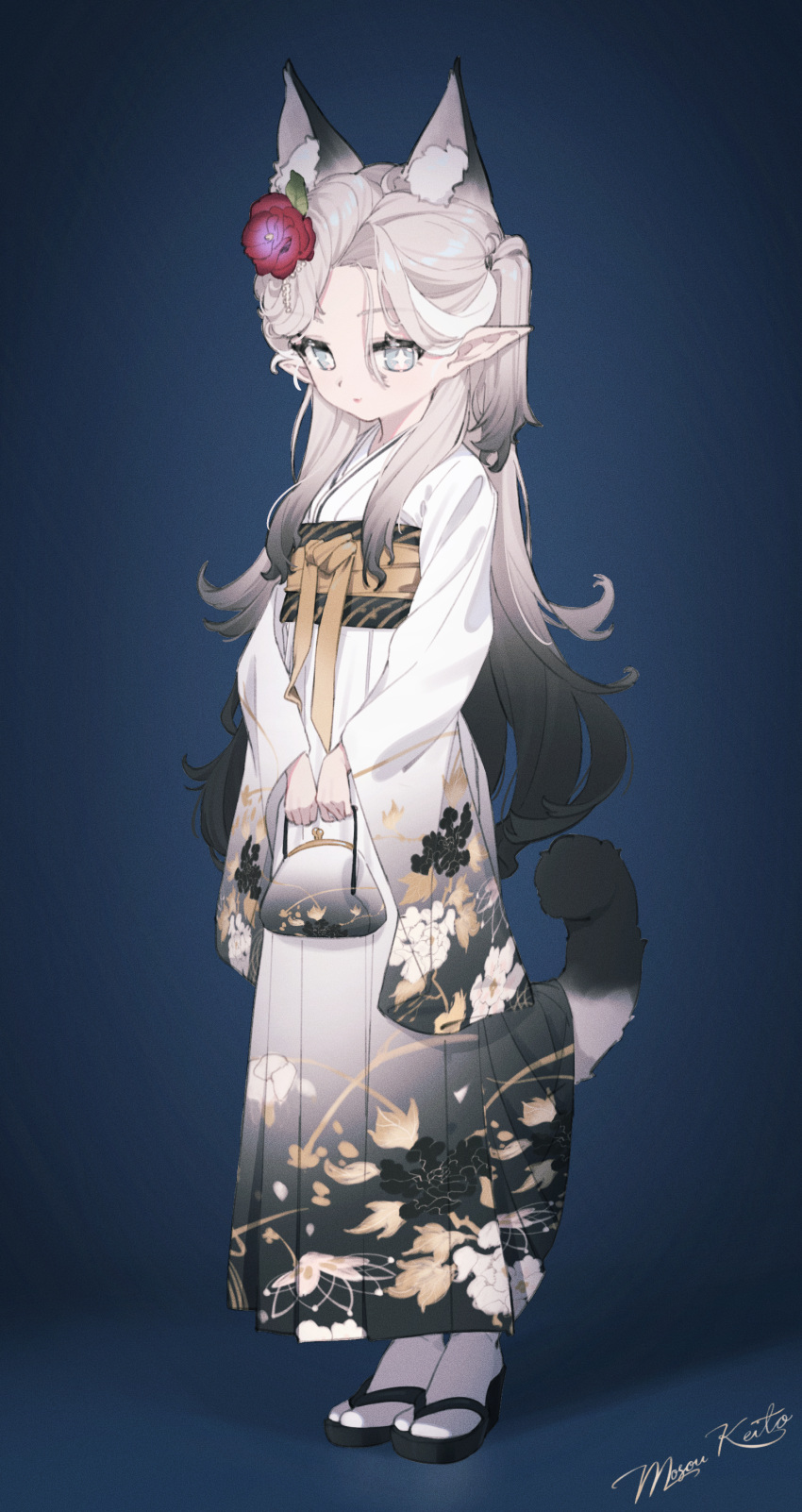1girl absurdres animal_ears bag black_hair black_kimono cat_ears cat_girl cat_tail extra_ears floral_print flower gradient_hair gradient_kimono grey_hair grey_kimono hair_flower hair_ornament handbag highres holding holding_bag japanese_clothes kimono long_hair long_sleeves looking_at_viewer mosou_keito multicolored_hair okobo one_side_up original pointy_ears sash tabi tail very_long_hair white_kimono