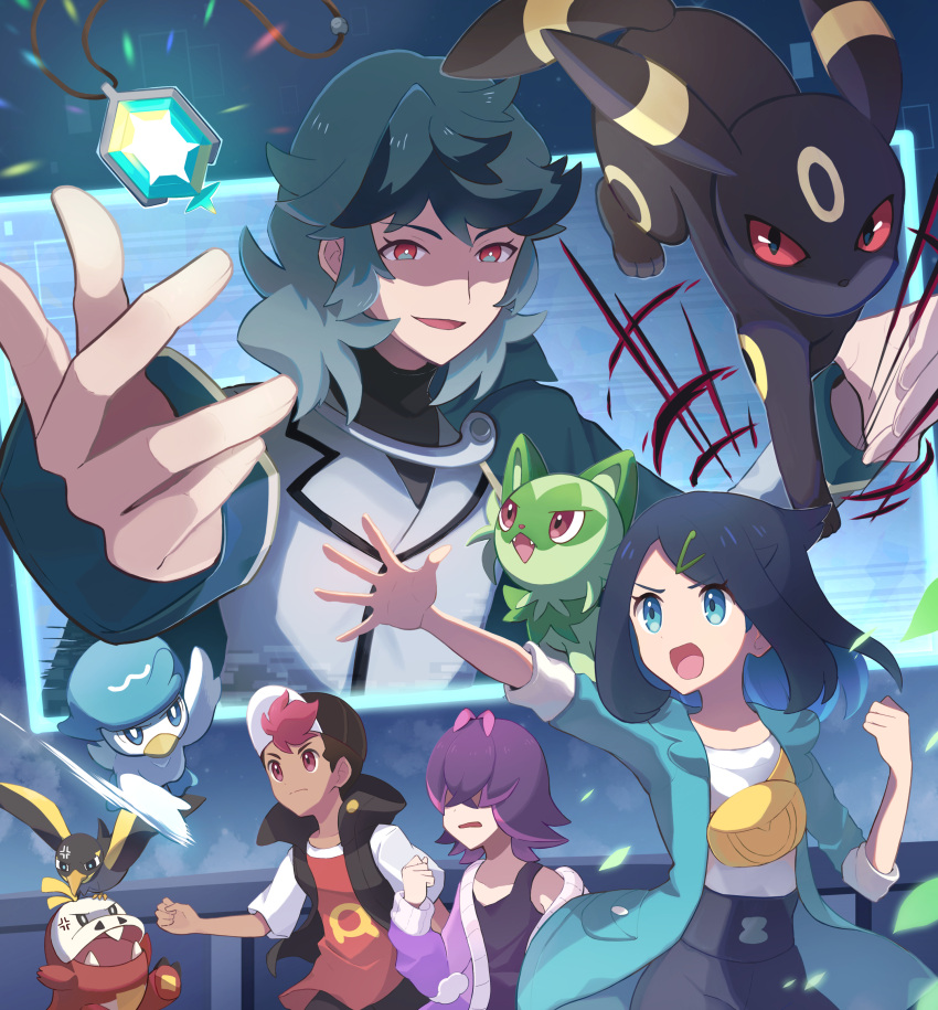 2boys 2girls absurdres closed_mouth coat commentary_request dark-skinned_male dark_skin dot_(pokemon) fuecoco green_coat green_hair haru_(haruxxe) hat highres liko_(pokemon) long_sleeves multiple_boys multiple_girls off_shoulder open_clothes open_coat pokemon pokemon_(anime) pokemon_(creature) pokemon_horizons purple_hair quaxly roy_(pokemon) shirt shorts spinel_(pokemon) spread_fingers sprigatito tank_top umbreon vest wattrel white_shirt yellow_bag
