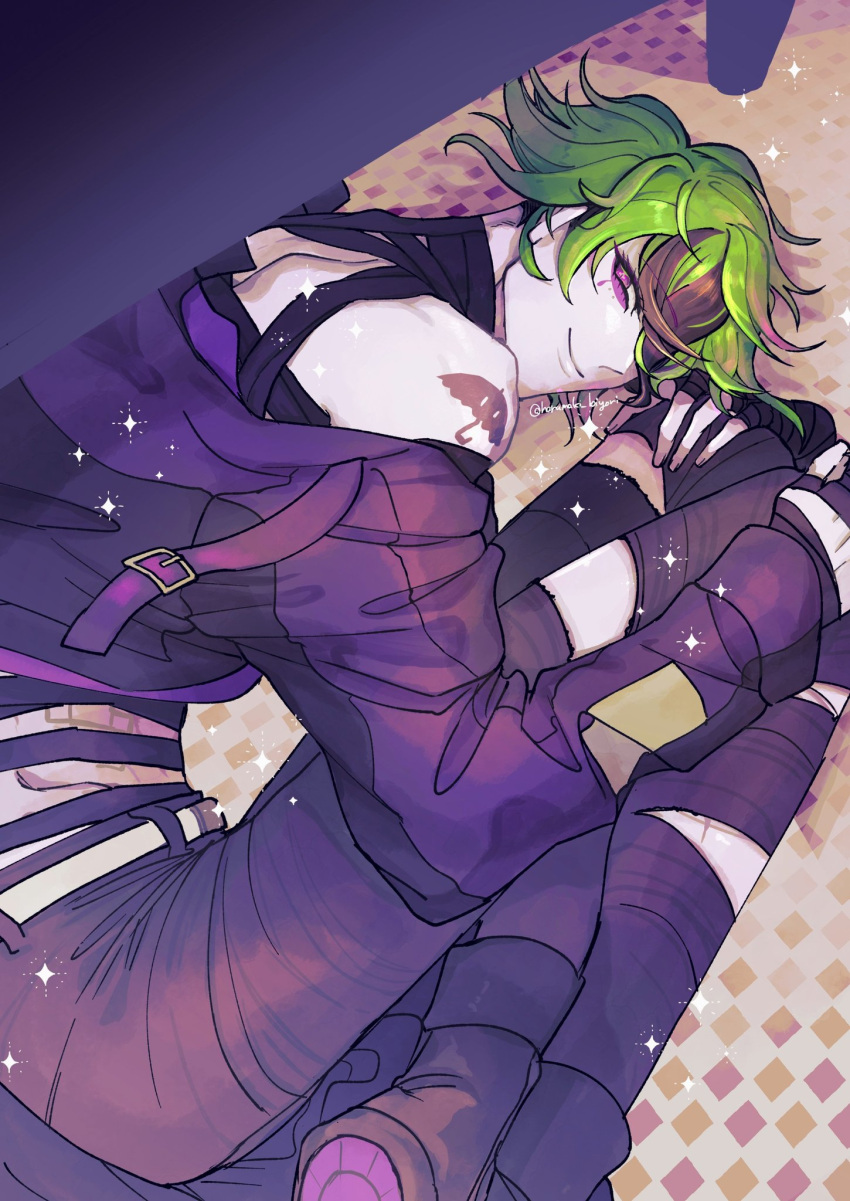 1boy bandaged_chest bandaged_neck bandages belt black_pants closed_mouth coat commentary_request eyeliner fetal_position from_above fuya_kashiwa green_hair hair_between_eyes highres indoors long_sleeves looking_at_viewer lying makeup male_focus master_detective_archives:_rain_code messy_hair multicolored_hair off_shoulder on_floor on_side pants purple_coat purple_eyeliner short_hair shoulder_tattoo smile solo streaked_hair tattoo violet_eyes vivia_twilight white_belt