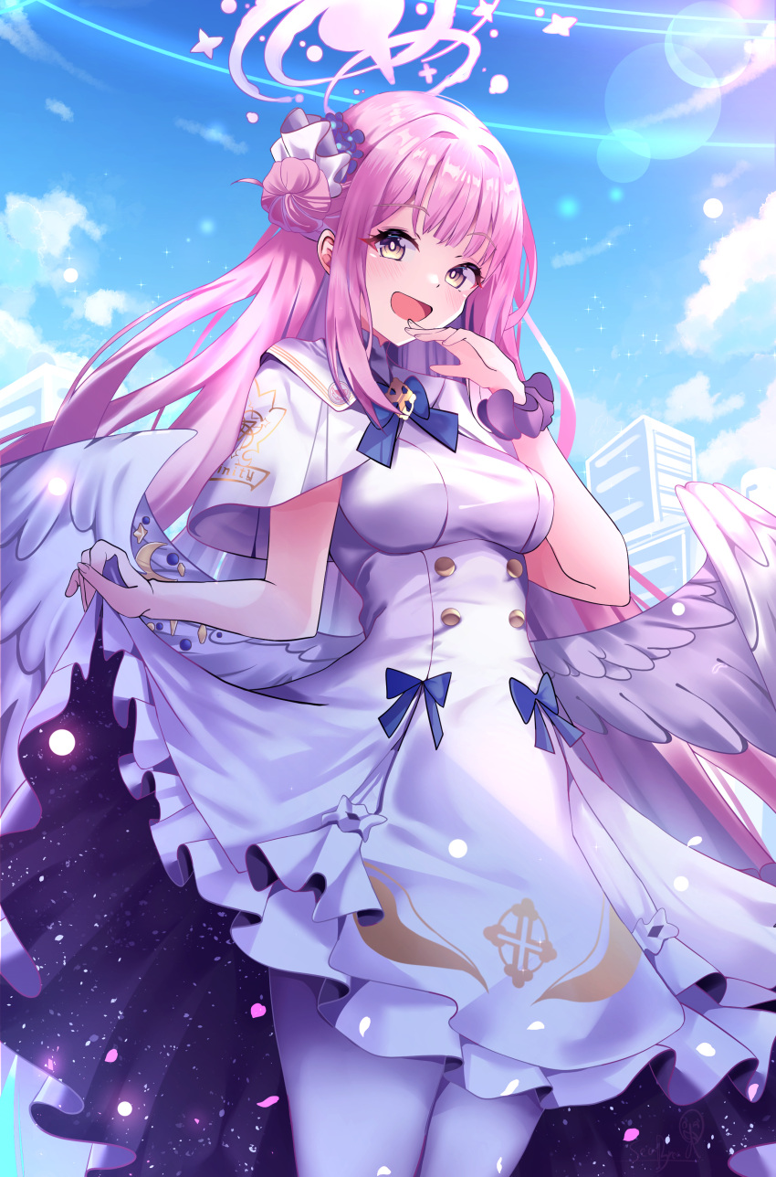 1girl :d absurdres blue_archive blue_bow blue_sky bow breasts building capelet hair_bun halo highres impossible_clothes lifted_by_self low_wings mika_(blue_archive) pantyhose pink_hair scrunchie seabread single_hair_bun sky smile solo white_capelet white_pantyhose wing_ornament wings wrist_scrunchie yellow_eyes