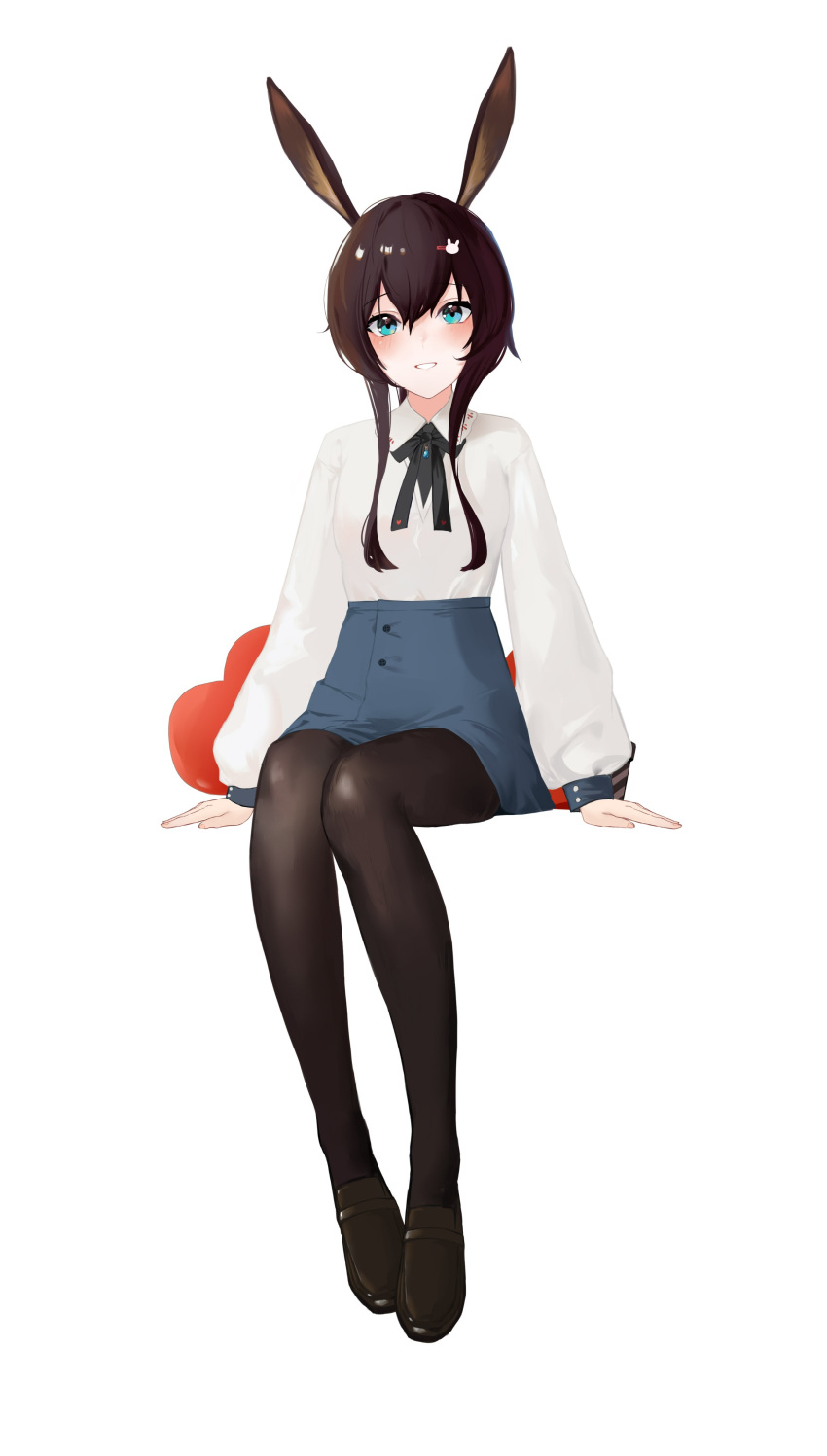 1girl absurdres amiya_(arknights) animal_ear_fluff animal_ears arknights black_bow black_footwear black_pantyhose blue_eyes blue_sky blush bow brown_hair collared_shirt full_body hair_between_eyes hair_ornament hairclip highres loafers long_hair long_sleeves looking_at_viewer pantyhose puffy_long_sleeves puffy_sleeves rabbit_ears rabbit_hair_ornament shirt shoes sidelocks simple_background sitting sky sleeves_past_wrists smile solo white_background white_shirt xiaobei
