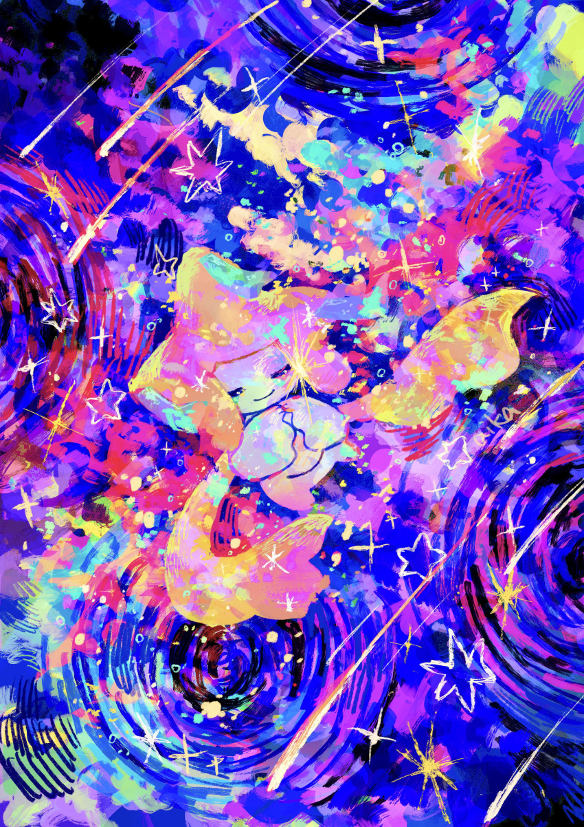 1other abstract absurdres animal_focus closed_eyes colorful full_body highres jirachi night no_humans otonoha_aika own_hands_together pokemon pokemon_(creature) ripples shooting_star sky smile solo space sparkle star_(sky) star_(symbol) starry_sky tanabata tanzaku