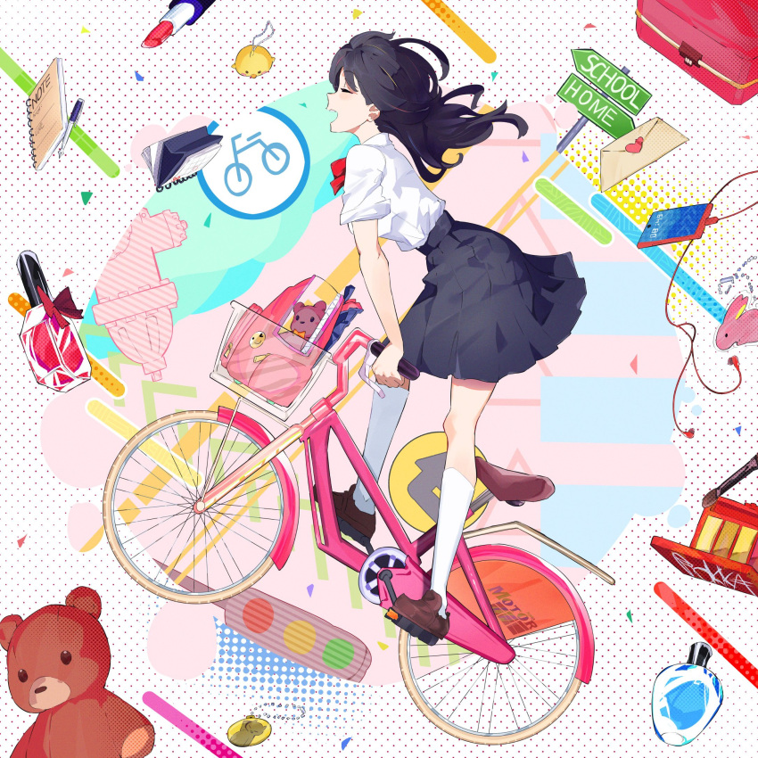 1girl backpack bag bicycle black_hair black_skirt bow bowtie brown_footwear closed_eyes collared_shirt commentary full_body highres kneehighs loafers long_hair miniskirt multicolored_hair original pleated_skirt red_bow red_bowtie riding riding_bicycle rokka_(rokka_013a) school_uniform shirt shoes short_sleeves skirt socks solo streaked_hair symbol-only_commentary white_shirt white_socks