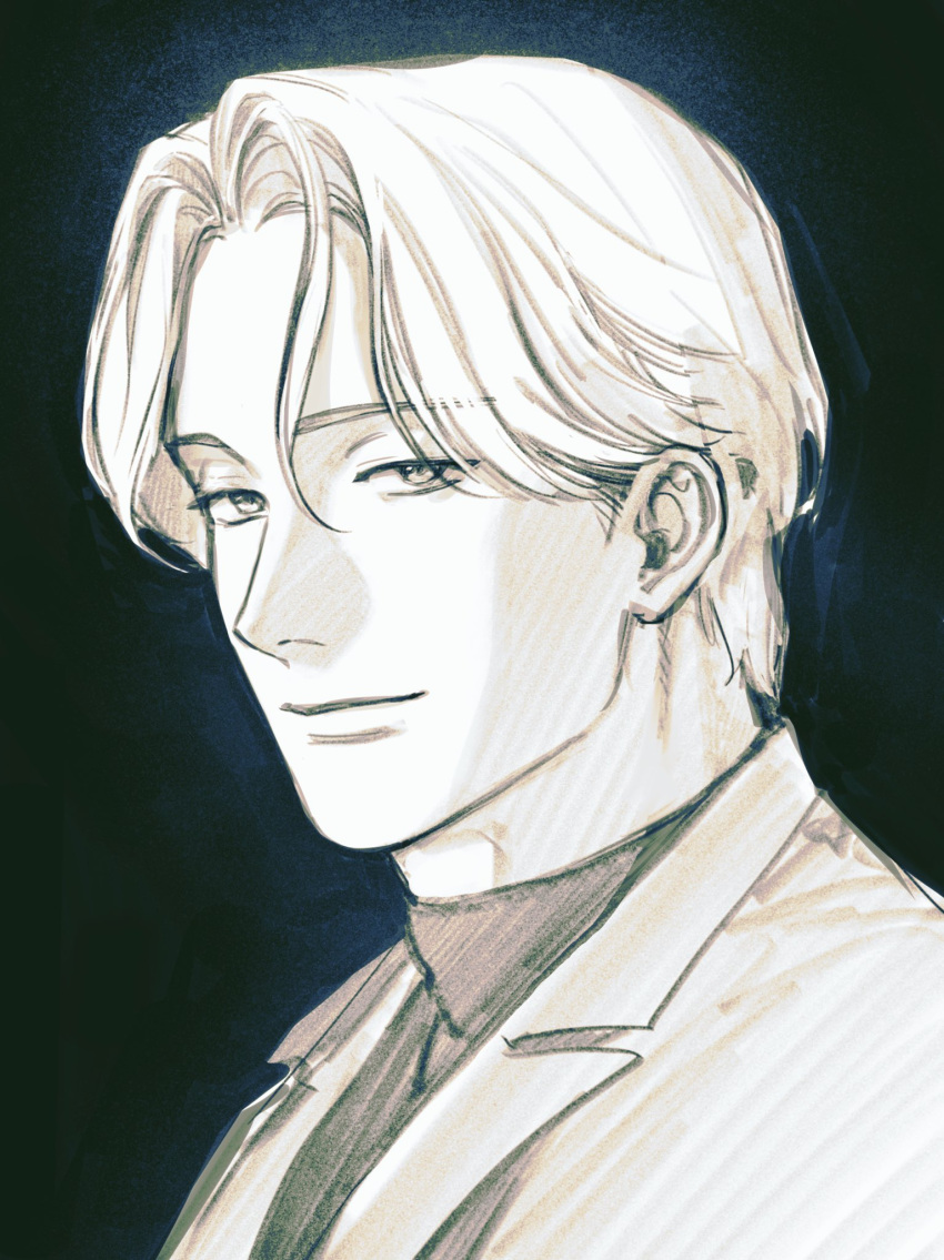 1boy closed_mouth commentary english_commentary highres jacket johan_liebert looking_at_viewer male_focus monster_(manga) nashi_y parted_bangs portrait short_hair simple_background smile solo sweater turtleneck turtleneck_sweater upper_body