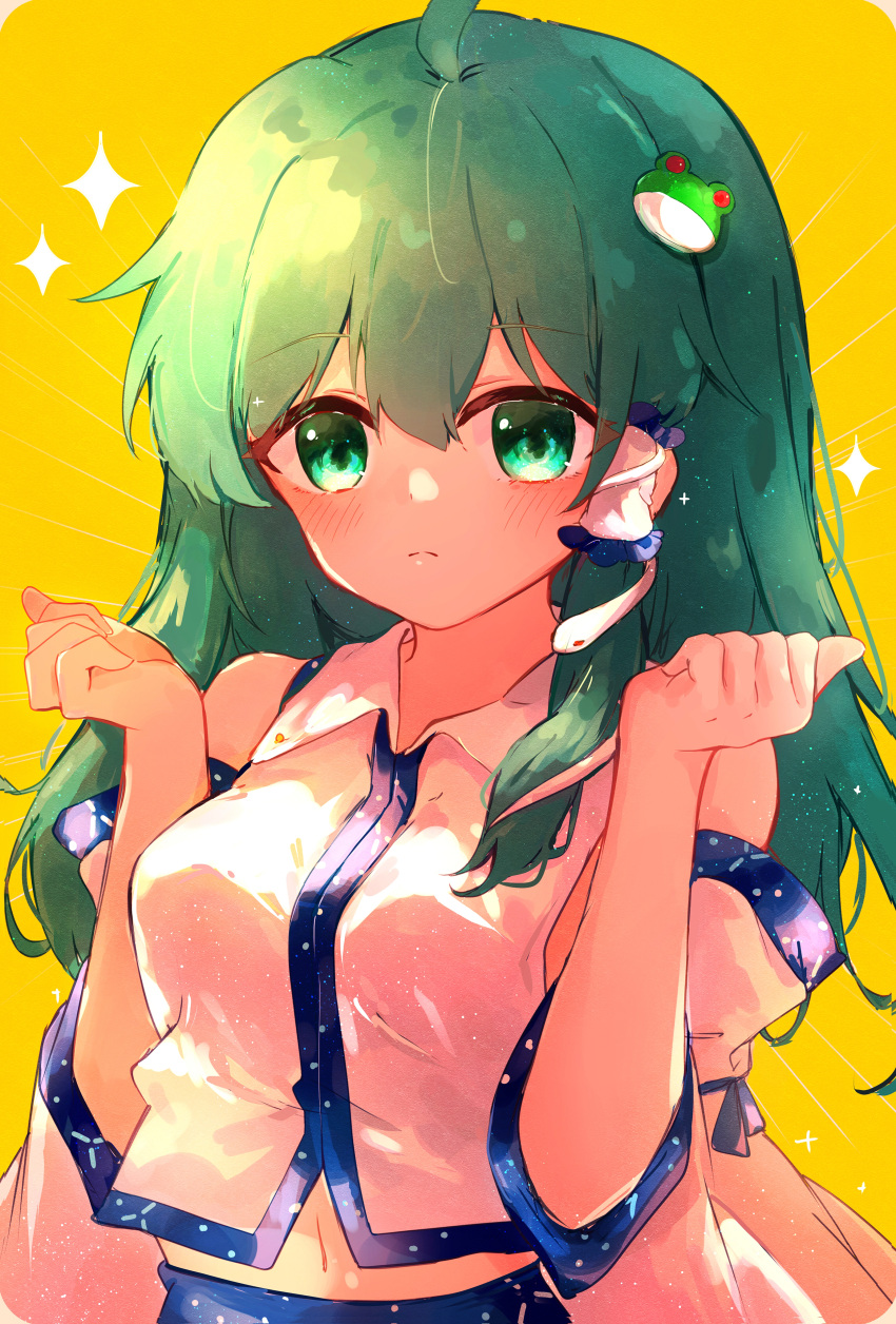 1girl absurdres bare_shoulders blush closed_mouth detached_sleeves frog_hair_ornament green_eyes green_hair hair_between_eyes hair_ornament hair_tubes highres japanese_clothes kochiya_sanae long_hair navel nontraditional_miko shangurira simple_background snake_hair_ornament solo sparkle touhou upper_body white_sleeves wide_sleeves yellow_background