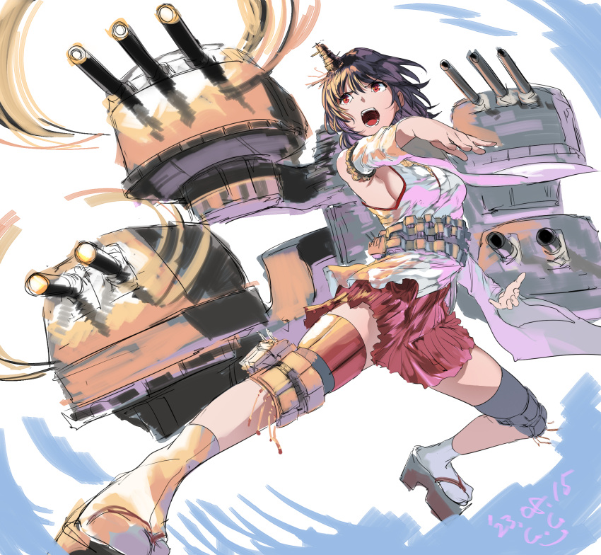 1girl black_hair cannon detached_sleeves full_body gegeron geta hakama hakama_skirt headgear highres japanese_clothes kantai_collection machinery nontraditional_miko one-hour_drawing_challenge open_mouth red_eyes red_skirt short_hair skirt socks solo tabi turret white_socks wide_sleeves yamashiro_(kancolle)