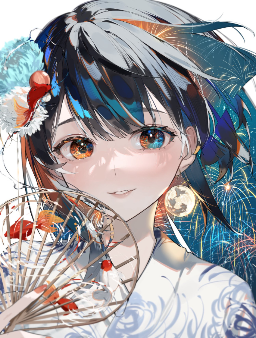 1girl black_hair brown_eyes commentary earrings fingernails fireworks fish hair_between_eyes hand_fan highres holding holding_fan japanese_clothes jewelry kimono long_hair mizumi_zumi moon nail_polish original parted_lips red_nails shadow sidelocks simple_background smile solo symbol-only_commentary upper_body white_background white_kimono