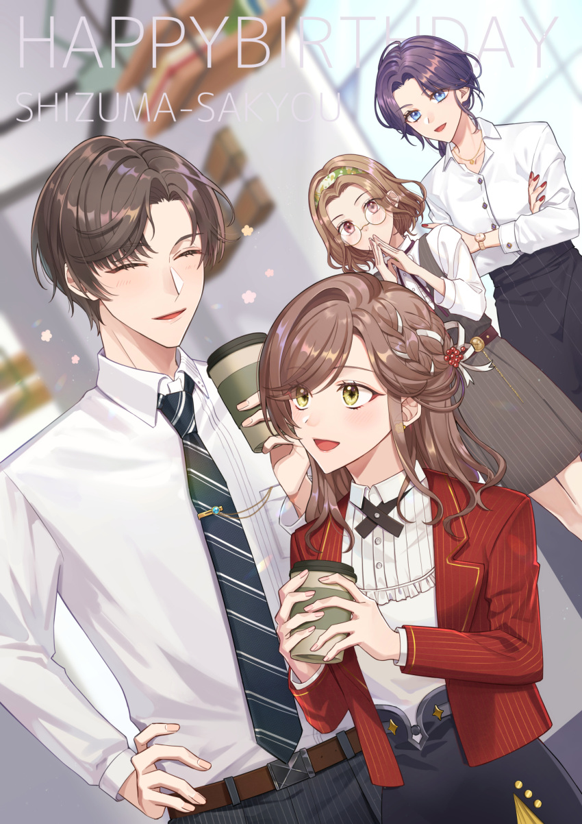 1boy 3girls :d artem_wing_(tears_of_themis) belt black_necktie black_skirt blue_eyes blue_pants blurry blurry_background brown_belt brown_dress brown_eyes brown_hair celestine_taylor closed_eyes coffee collared_shirt cup disposable_cup dress green_eyes hair_ornament hand_on_own_hip happy_birthday headband highres hizaki_sui holding holding_cup jacket kiki_bennet long_hair long_sleeves multiple_girls nail_polish necktie open_mouth pants pinafore_dress purple_hair red_jacket red_nails rosa_(tears_of_themis) shirt short_hair skirt sleeveless sleeveless_dress smile tears_of_themis white_shirt window