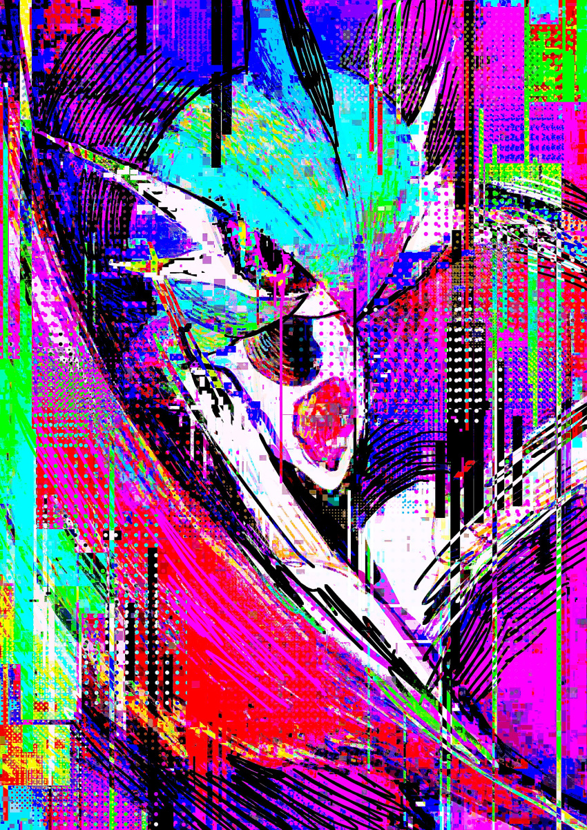 1other abstract absurdres arm_blade black_sclera colored_sclera colored_skin colorful double-blade glitch green_hair highres humanoid_robot incoming_attack iron_valiant joints looking_at_viewer motion_lines multicolored_polka_dots multicolored_skin no_humans no_mouth one_eye_covered otonoha_aika pink_eyes pokemon pokemon_(creature) pokemon_(game) pokemon_sv polka_dot robot robot_joints short_hair slashing solo weapon white_skin