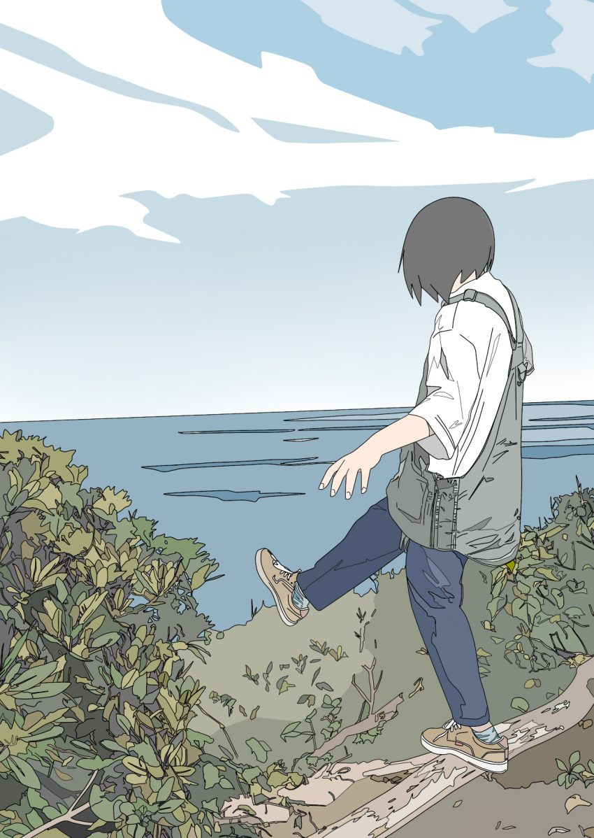 1girl apron balancing black_hair blue_pants brown_footwear bush clouds cloudy_sky from_behind full_body grass highres original outdoors pants shirt shoes short_hair sky sneakers socks solo standing standing_on_one_leg tsutsu_leafmoon water white_shirt