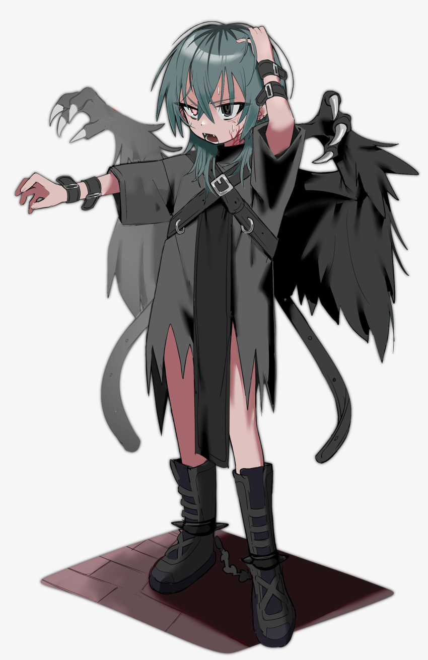 1girl absurdres arm_up black_eyes black_footwear black_shirt black_wings boots claws fangs feathered_wings full_body green_hair grey_background hair_between_eyes hand_on_own_head hand_up heterochromia highres hyow looking_at_viewer multicolored_hair no_pants open_mouth original pink_eyes ringed_eyes shirt short_sleeves simple_background solo standing sweat torn_clothes torn_shirt veins wings
