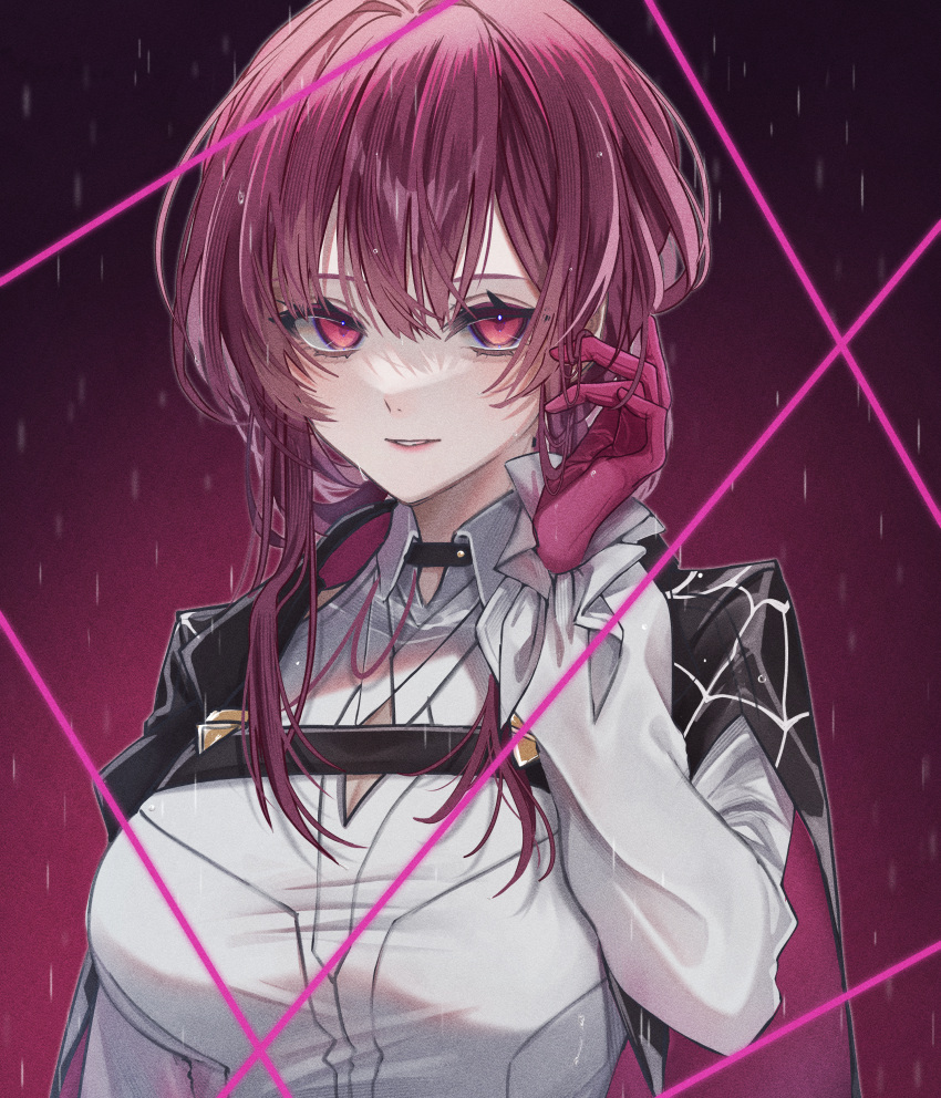 1girl absurdres black_jacket breasts chest_harness collared_shirt gloves hair_between_eyes harness highres honkai:_star_rail honkai_(series) jacket kafka_(honkai:_star_rail) large_breasts long_sleeves looking_at_viewer parted_lips purple_hair shirt sidelocks simple_background smile solo upper_body violet_eyes white_shirt yrur_sindoi
