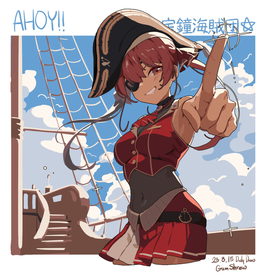 1girl absurdres blue_sky breasts clouds cloudy_sky eyepatch gum_shrew hair_ribbon hat highres hololive houshou_marine houshou_marine_(1st_costume) leotard long_hair looking_at_viewer navel pirate pointing red_eyes redhead ribbon skirt sky sleeveless smile solo twintails upper_body virtual_youtuber