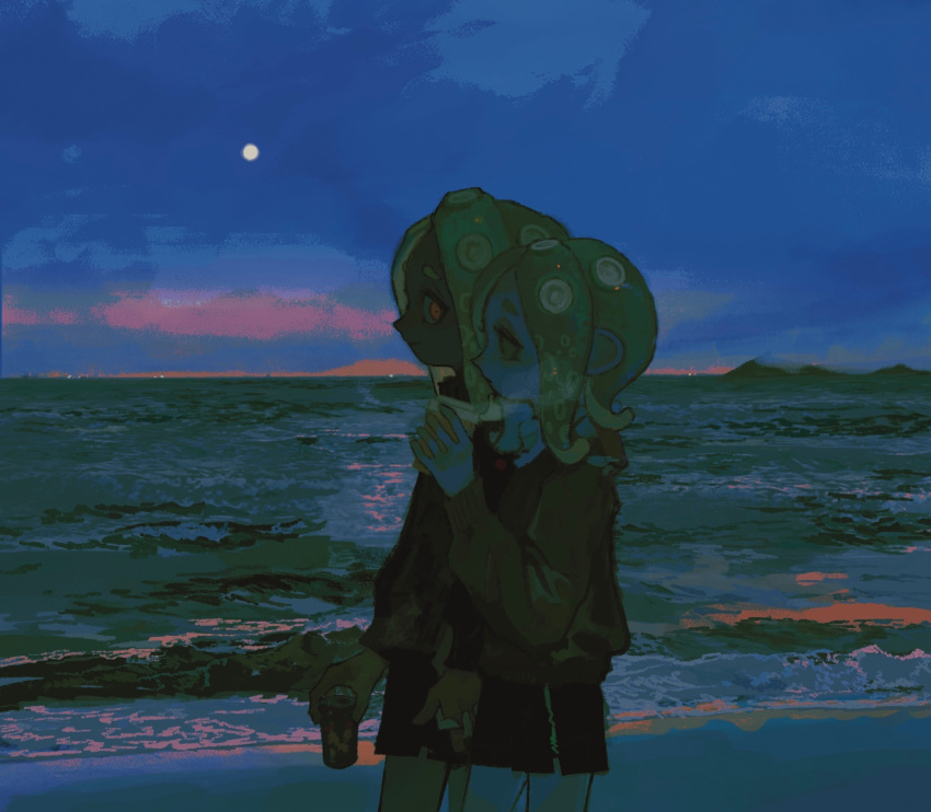 1boy 1girl azigashimitoru beach black_shorts can closed_mouth cup dark-skinned_male dark_skin disposable_cup from_side highres holding holding_can holding_cup horizon long_sleeves night ocean octoling octoling_boy octoling_girl outdoors profile shorts sky splatoon_(series) steam sweater tentacle_hair walking water