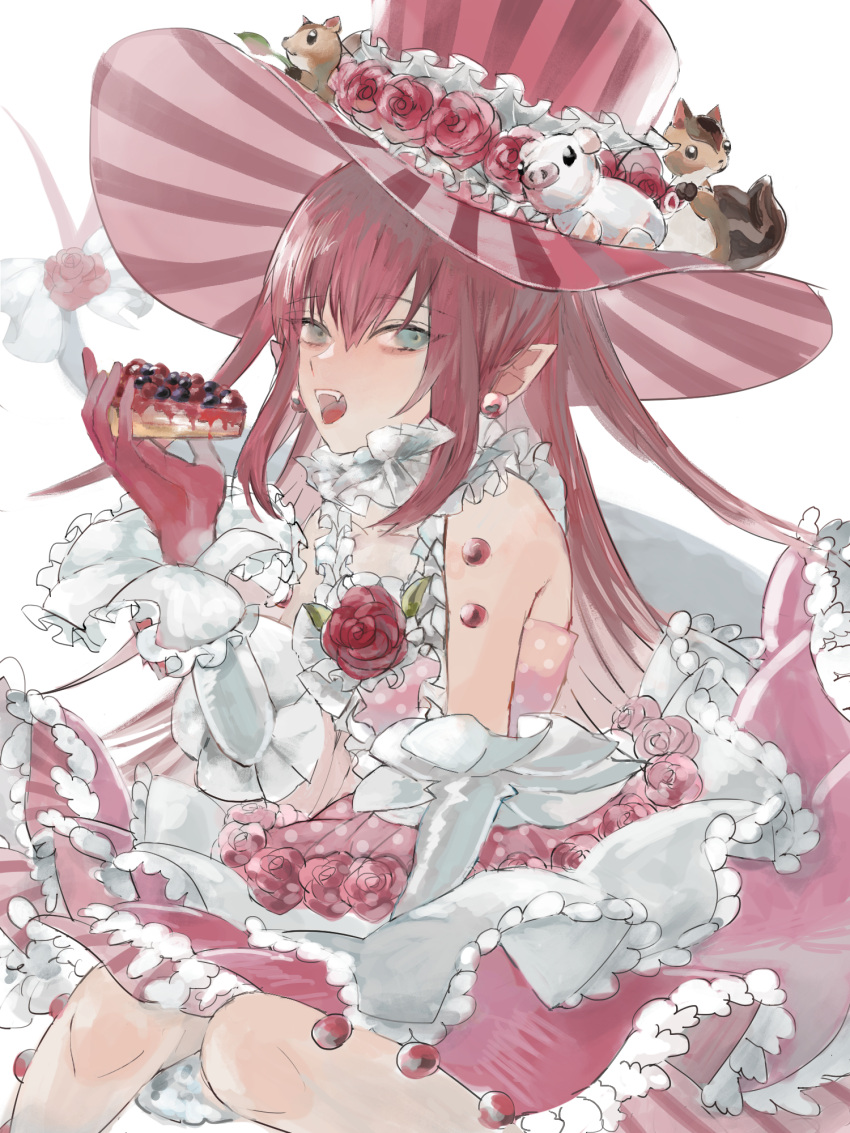 1girl bare_shoulders blue_eyes cake cake_slice detached_sleeves dragon_tail dress dress_flower earrings elizabeth_bathory_(fate) elizabeth_bathory_(fate/extra_ccc) elizabeth_bathory_(third_ascension)_(fate) emasrrkn fangs fate/extra fate/extra_ccc fate/grand_order fate_(series) flower food hat hat_flower highres holding jewelry long_hair looking_at_viewer open_mouth pink_dress pointy_ears redhead rose sketch solo striped striped_headwear stuffed_animal stuffed_pig stuffed_squirrel stuffed_toy tail tail_flower tail_ornament teeth top_hat vertical-striped_headwear vertical_stripes white_background
