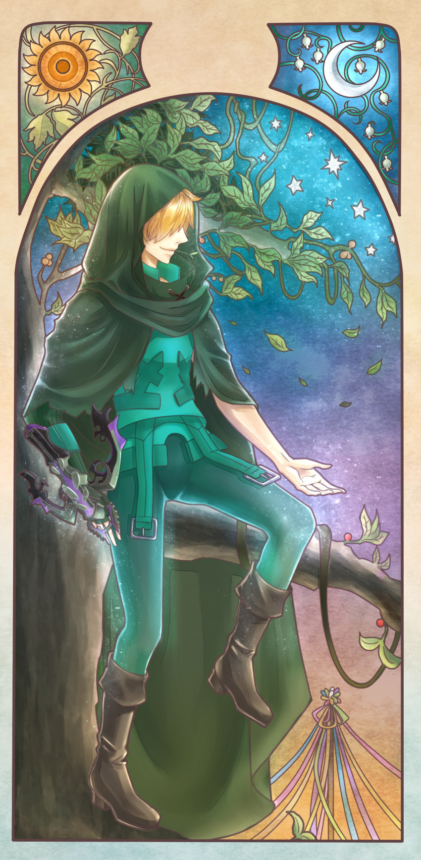 1boy absurdres art_nouveau branch brown_footwear cloak closed_mouth crescent_moon crossbow fate/extra fate_(series) flower full_body green_cloak green_pants green_shirt hair_over_eyes highres hood hooded_cloak leaf male_focus maypole moon mouth_hold moyun pants robin_hood_(fate) shirt short_hair solo stalk_in_mouth star_(symbol) tree weapon white_flower