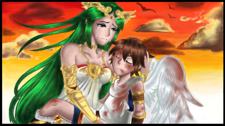 1boy 1girl angel angel_wings bird blood brown_hair carrying closed_eyes clouds crown crying crying_with_eyes_open dazzlingpersonalitiy dress goddess green_eyes green_hair kid_icarus long_hair looking_at_another necklace nintendo palutena pit_(kid_icarus) sad short_hair sunset white_dress wings