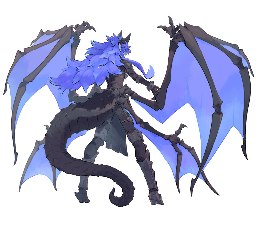 1boy armor black_horns black_scales black_sclera blue_eyes blue_hair blue_skin blue_wings claws colored_sclera colored_skin dragon_boy dragon_horns dragon_tail dragon_wings from_behind full_body glowing glowing_eyes highres horns inu_fuji long_hair long_tail looking_at_viewer looking_back low_wings male_focus monster_boy multiple_wings original pelvic_curtain pointy_ears scales sidelocks simple_background solo standing tail very_long_hair white_background wings