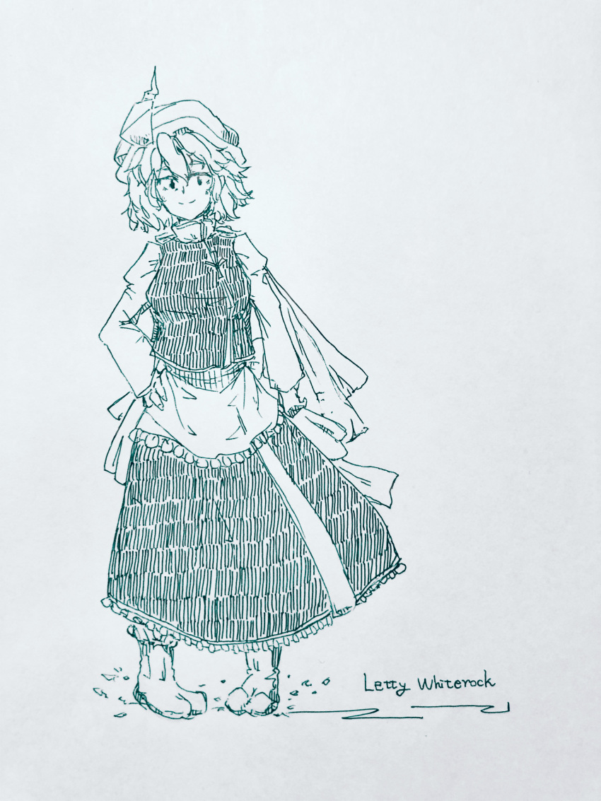 1girl absurdres apron blue_vest character_name collar collared_shirt english_text greyscale highres koyane_(silver81106) letty_whiterock looking_at_viewer medium_hair monochrome shirt solo touhou triangular_headpiece vest waist_apron white_apron white_background white_headwear white_shirt