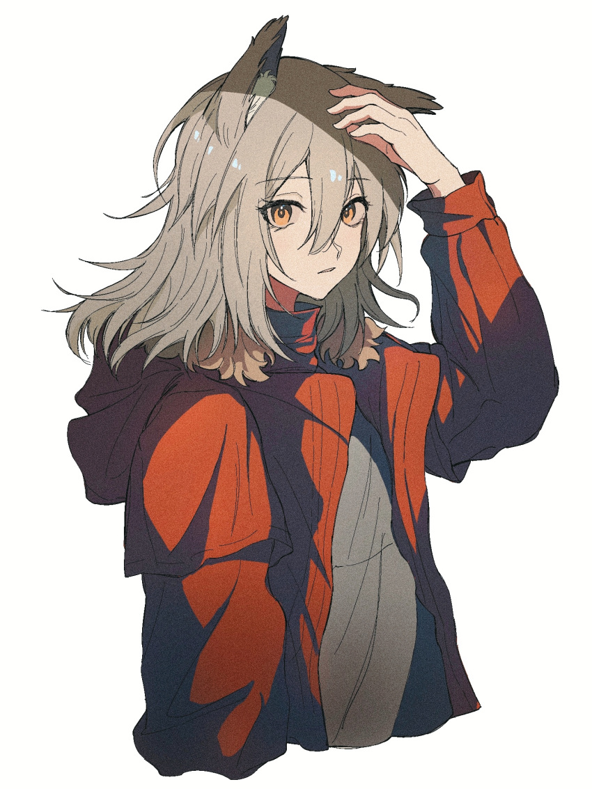 1girl animal_ears arknights breasts grey_shirt hair_between_eyes hand_up highres jacket long_sleeves looking_at_viewer medium_breasts open_clothes open_jacket projekt_red_(arknights) red_jacket shirt simple_background solo white_background wolf_ears wolf_girl yellow_eyes youring_wan