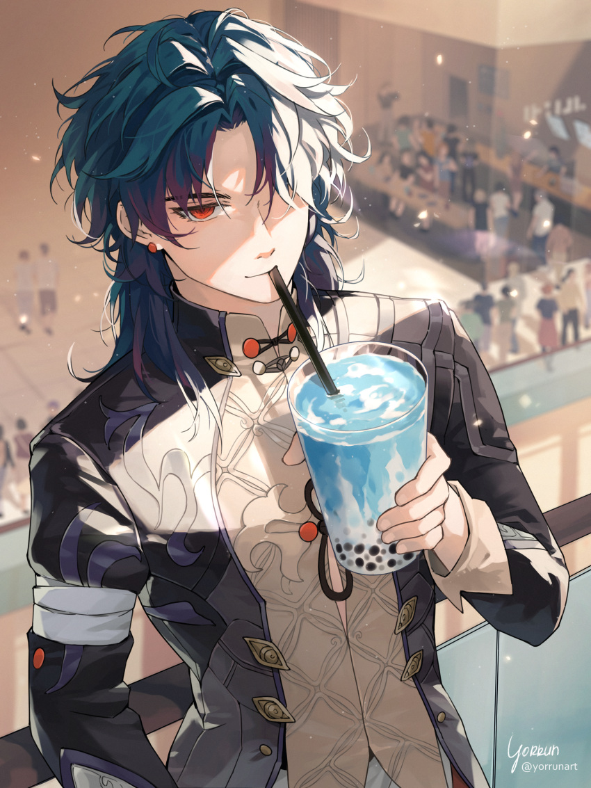 1bitheart 1boy absurdres artist_name black_hair black_jacket blade_(honkai:_star_rail) bubble_tea drinking earrings english_commentary fence fingernails hair_over_one_eye highres honkai:_star_rail honkai_(series) indoors jacket jewelry long_hair long_sleeves looking_at_viewer male_focus mall parted_bangs people red_eyes solo upper_body yorrun