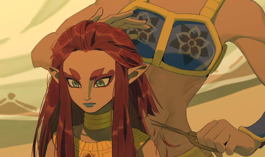 2girls armor breastplate cutting_hair dark-skinned_female dark_skin expressionless eyeliner gerudo green_eyes hair_slicked_back head_out_of_frame highres jewelry long_hair makeup maotuiii multiple_girls neck_ring outdoors redhead riju scissors solo_focus the_legend_of_zelda the_legend_of_zelda:_tears_of_the_kingdom thick_eyebrows