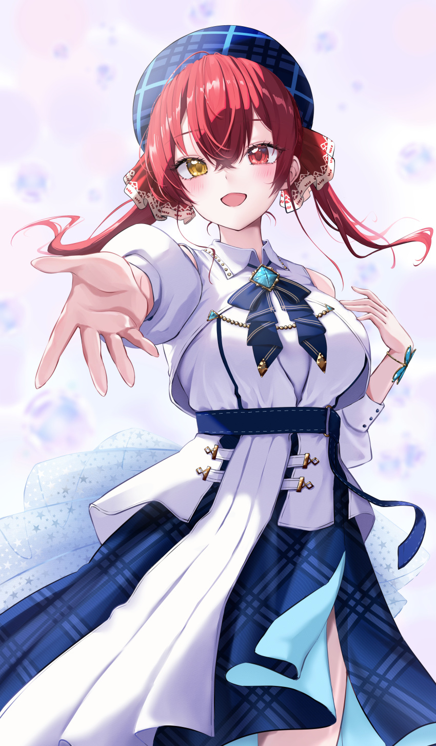 1girl absurdres bare_shoulders beret blue_headwear blue_journey_(hololive) blush breasts hair_between_eyes hair_ribbon hat heterochromia highres hololive houshou_marine long_hair looking_at_viewer nisi_ki_no open_mouth red_eyes red_ribbon redhead ribbon smile solo twintails virtual_youtuber yellow_eyes