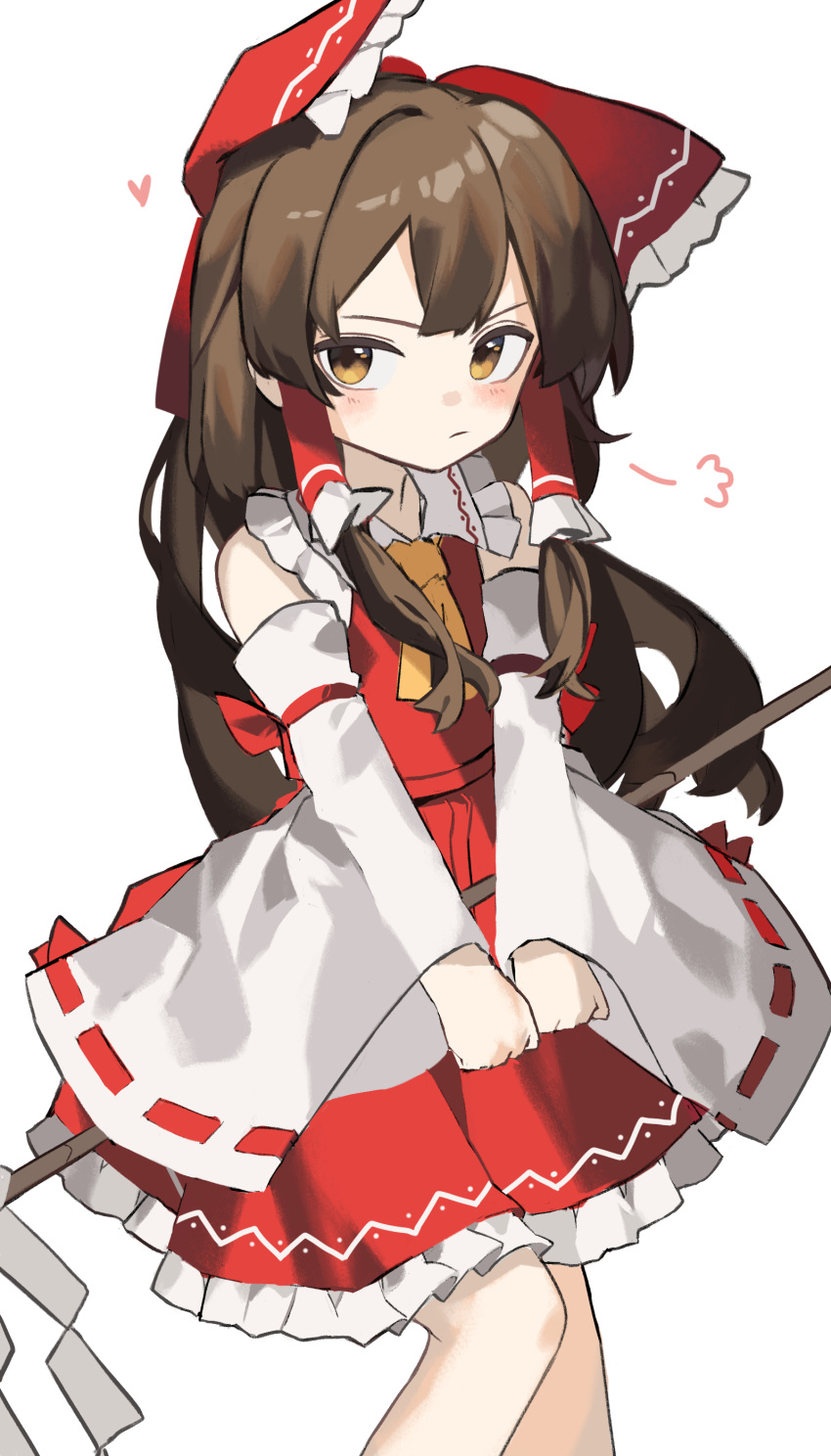1girl absurdres ascot bare_shoulders blush bow brown_eyes brown_hair closed_mouth clynxen commentary detached_sleeves english_commentary feet_out_of_frame frilled_skirt frills frown gohei hair_bow hair_tubes hakurei_reimu highres japanese_clothes long_hair nontraditional_miko pout red_bow red_skirt ribbon-trimmed_sleeves ribbon_trim sidelocks simple_background skirt solo touhou white_background white_sleeves wide_sleeves yellow_ascot