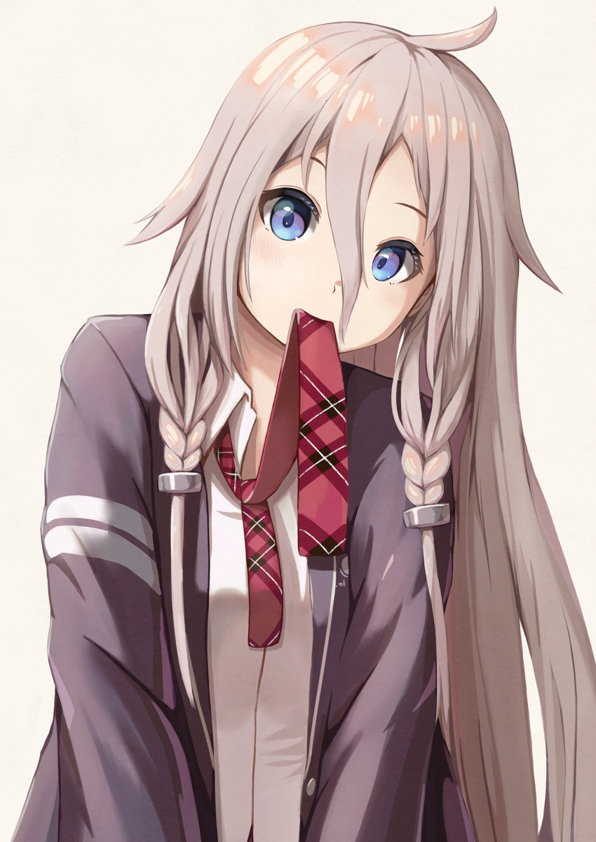 1girl absurdres ahoge alternate_costume argyle_necktie black_jacket blazer blue_eyes braid commentary_request dress_shirt grey_hair hair_over_shoulder haiyuki_yuki head_tilt highres ia_(vocaloid) jacket light_blush long_bangs long_hair looking_at_viewer mouth_hold multicolored_eyes necktie necktie_in_mouth open_clothes open_jacket popped_collar raised_eyebrows red_necktie shirt simple_background solo twin_braids upper_body v_arms violet_eyes vocaloid white_background white_shirt