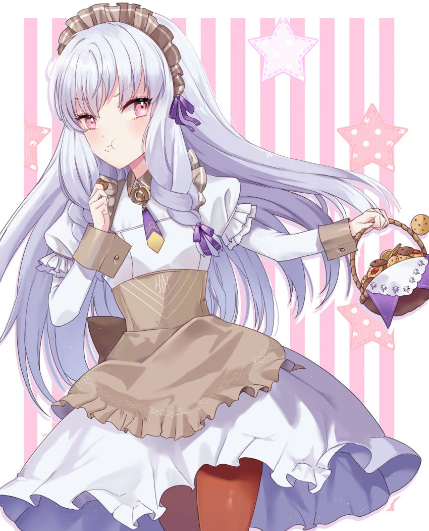 1girl apron basket braided_sidelock cookie dress eating fire_emblem fire_emblem:_three_houses fire_emblem_heroes food highres holding holding_basket lilshironeko looking_to_the_side lysithea_von_ordelia lysithea_von_ordelia_(tea_party) maid official_alternate_costume official_alternate_hairstyle pantyhose pink_eyes red_pantyhose solo waitress white_dress white_hair