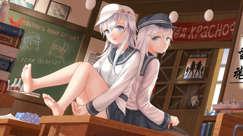 2girls back-to-back barefoot blue_eyes book bottle chalkboard classroom desk dual_persona feet grey_hair hat hibiki_(kancolle) highres indoors kantai_collection long_hair long_sleeves looking_at_viewer looking_back military_uniform multiple_girls on_desk open_mouth origami photo_(object) qs13280809727 russian_text school_uniform serafuku sitting sitting_on_desk skirt soles thighs toes uniform verniy_(kancolle)
