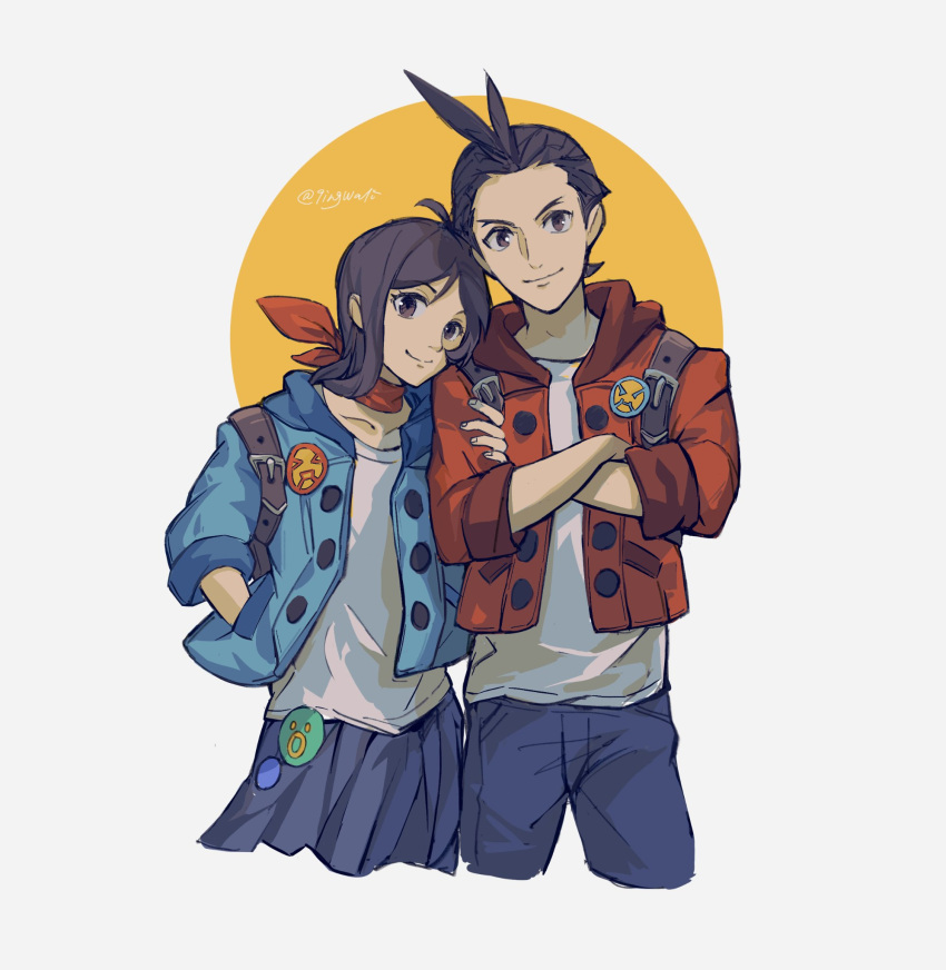 1boy 1girl ace_attorney adapted_costume alternate_costume alternate_eye_color antenna_hair apollo_justice apollo_justice_(stylin'_street_clothes) arm_grab backpack badge bag blue_jacket blue_pants blue_skirt brother_and_sister brown_eyes brown_hair button_badge closed_mouth cowboy_shot cropped_legs crossed_arms grabbing_another's_arm hand_in_pocket highres jacket kaeru_(qingwali) looking_at_viewer matching_outfits medium_hair official_alternate_costume pants pleated_skirt red_scarf scarf shirt short_hair siblings skirt sleeves_past_elbows smile trucy_wright twitter_username white_background white_shirt
