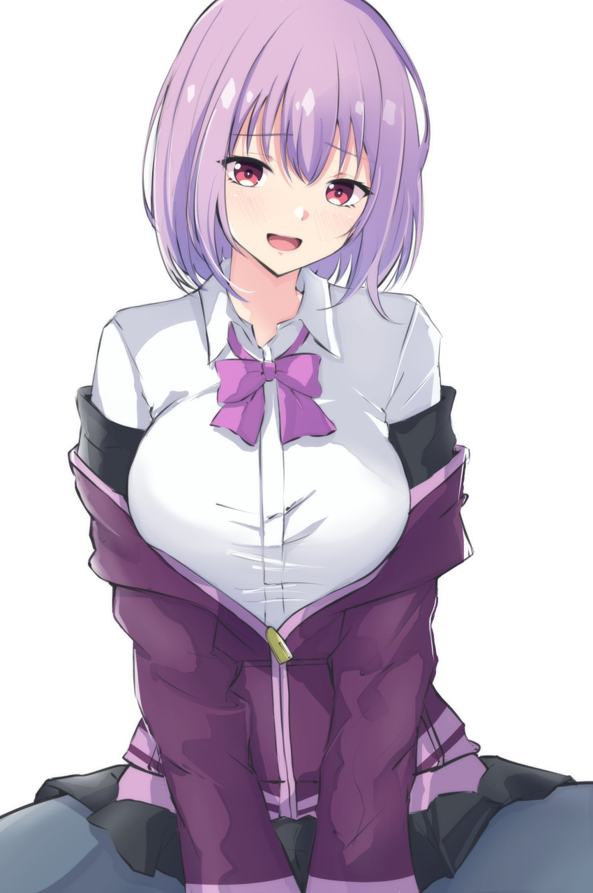 1girl absurdres black_pantyhose black_skirt bow bowtie breasts collared_shirt gridman_universe highres jacket large_breasts light_purple_hair long_sleeves looking_at_viewer matcha_latte off_shoulder open_mouth pantyhose purple_bow purple_bowtie purple_jacket red_eyes school_uniform shinjou_akane shirt short_hair simple_background sitting skirt smile solo ssss.gridman white_background white_shirt