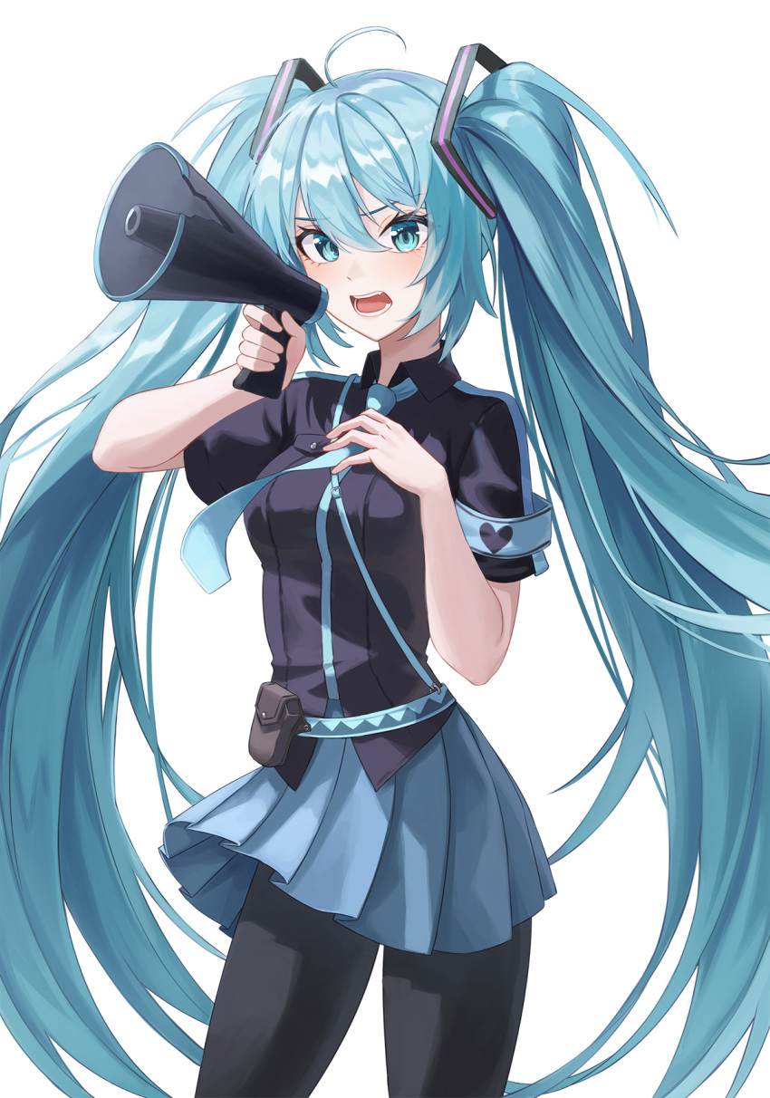 1girl ahoge armband black_pantyhose black_skirt blue_eyes blue_hair blue_necktie blue_skirt breasts commentary_request contrapposto cowboy_shot hatsune_miku highres holding holding_megaphone koi_wa_sensou_(vocaloid) long_hair medium_breasts megaphone miniskirt necktie open_mouth pantyhose pleated_skirt pouch skirt solo twintails very_long_hair vocaloid yt9676